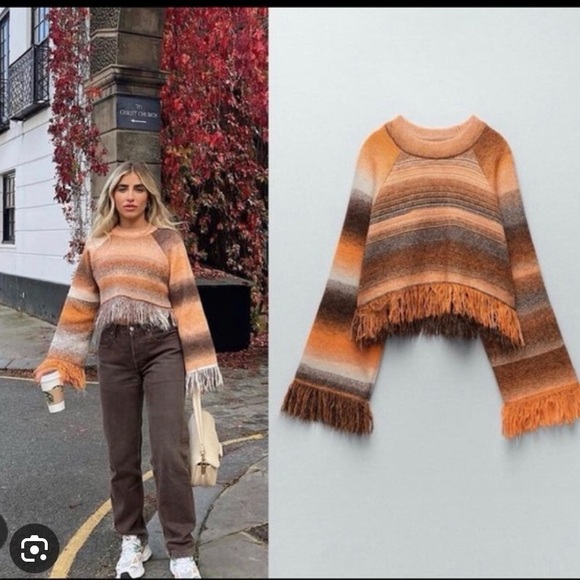 Zara Fringe Striped Cropped Sweater - New - Picture 2 of 16